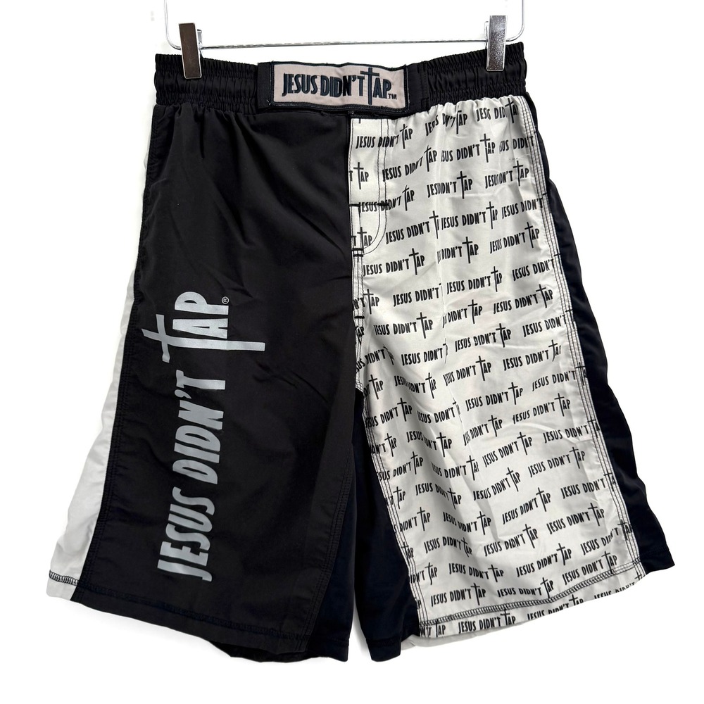 Jesus Didn't Tap MMA Fight Shorts Mens Size S Black Gray Logo Graphic Athletic